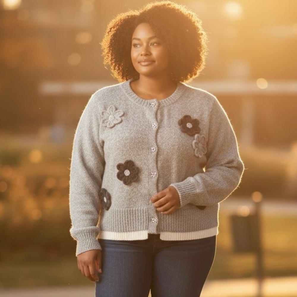 NEW Unbranded Gray Floral Cardigan Sweater NEW - Picture 2 of 11